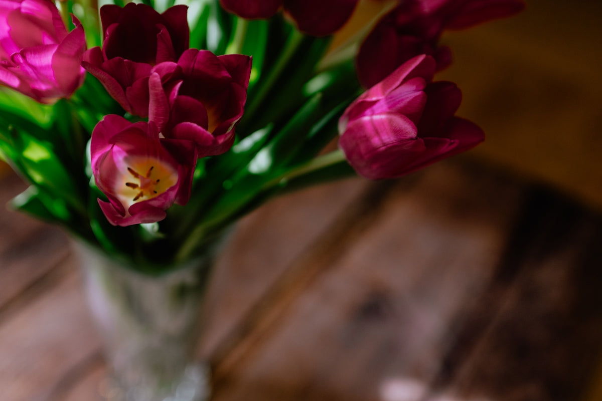 purple flowers on brown wooden table