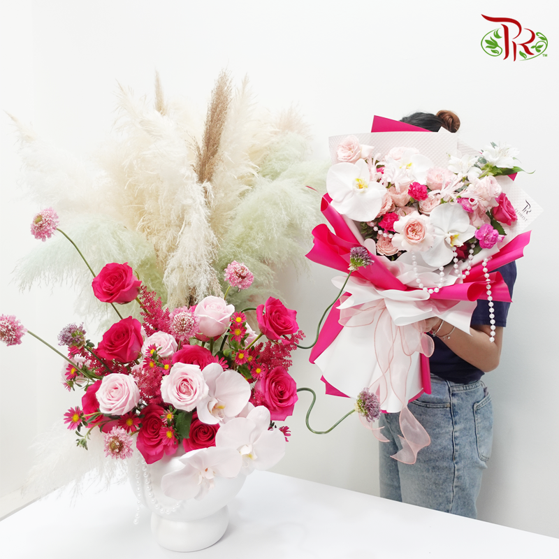 Hot Pink Theme Flower Arrangement (In Vase/ Hand Bouquet)