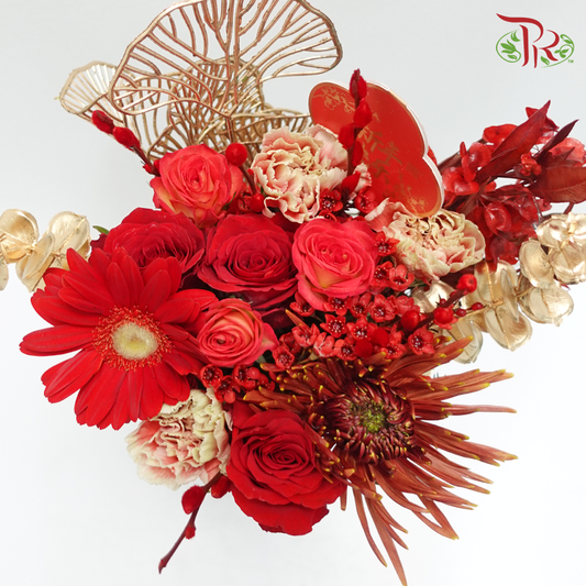 Signature Weekly Flower Bunch - Blaze of Good Luck (Gerbera, Pussy Willow, Wax Flower & Rose Spray) (Medium Bunch)