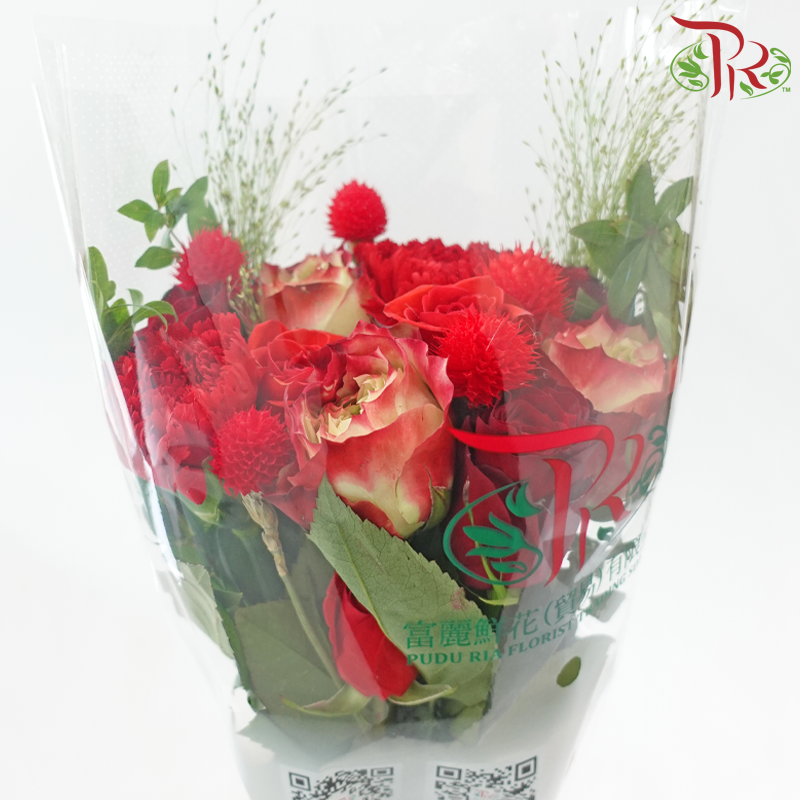 Signature Weekly Flower Bunch - Red Blooming Luck (Rose, Gomphrena, Carnation & Panicum Fountain) (Medium Size)