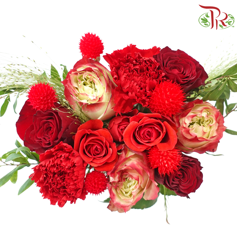 Signature Weekly Flower Bunch - Red Blooming Luck (Rose, Gomphrena, Carnation & Panicum Fountain) (Medium Size)