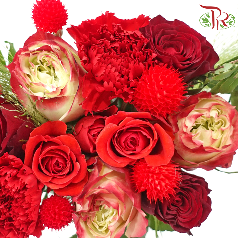 Signature Weekly Flower Bunch - Red Blooming Luck (Rose, Gomphrena, Carnation & Panicum Fountain) (Medium Size)