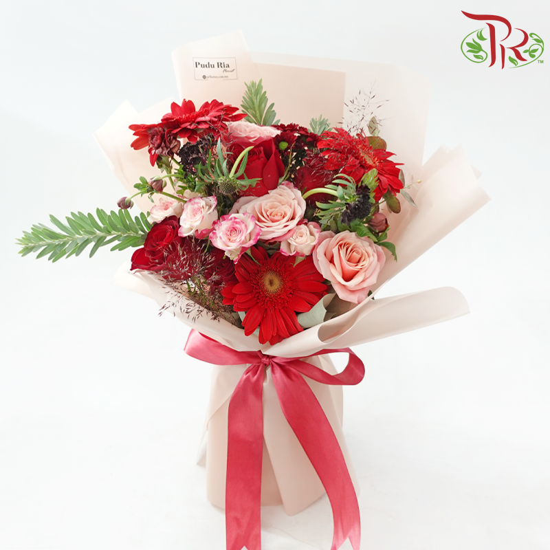 Signature Weekly Flower Bunch - Red Radiance (Gerbera, Rose Spray, Chrysanthemum Pom Pom & Eucalytpus) (Big Size)