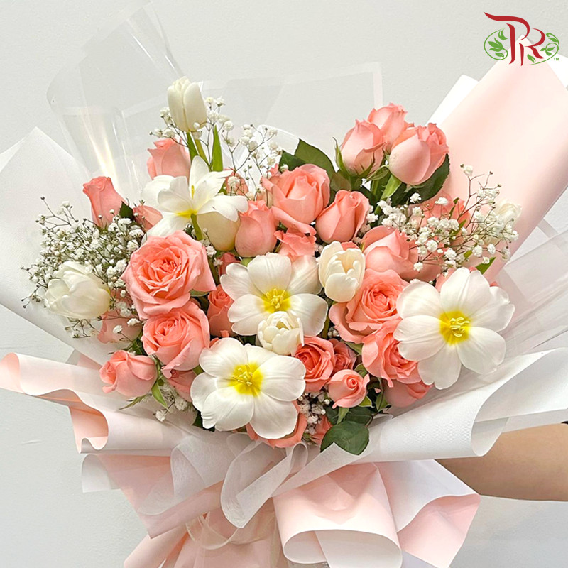 Pink Fluoro Fling - Rose With Tulips Arrangement
