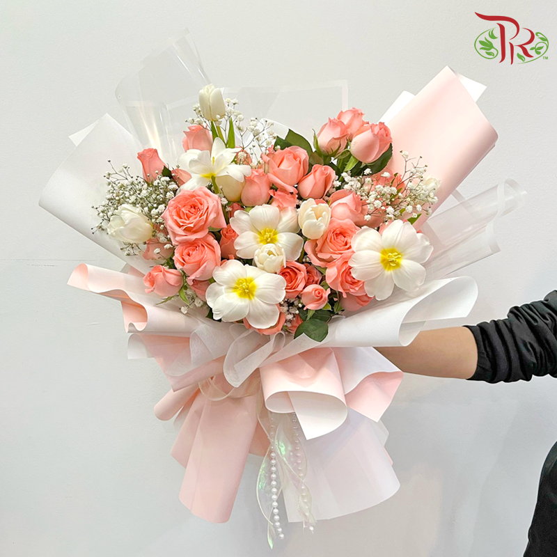 Pink Fluoro Fling - Rose With Tulips Arrangement