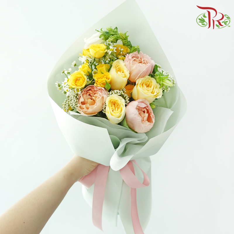 Signature Weekly Flower Bunch - Sunshine Bliss (Rose, Campanula, Matricaria & Rice Flower) (Medium Size)