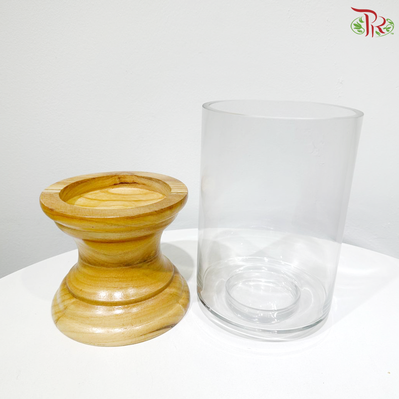 276739 - Glass Jar Vase With Wood Stand - Light Brown (266739W)