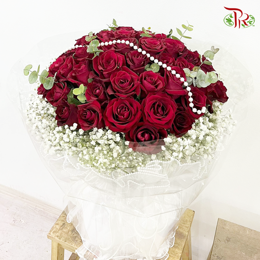 50 Roses With Beads In White Wrapping-Hand Bouquet (M-L size)-Pudu Ria Florist-prflorist.com.my