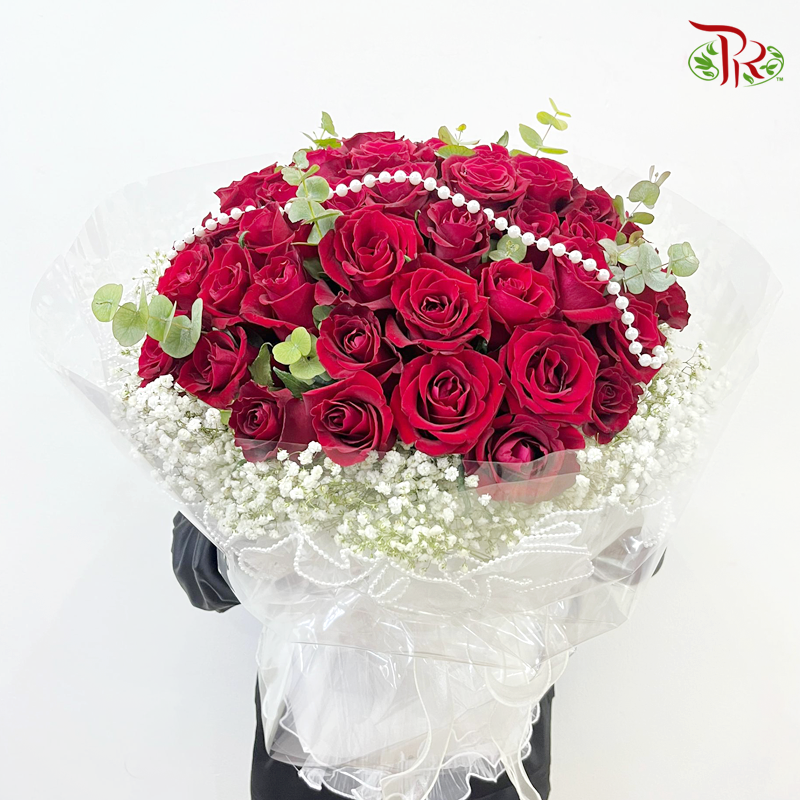 50 Roses With Beads In White Wrapping-Hand Bouquet (M-L size)-Pudu Ria Florist-prflorist.com.my