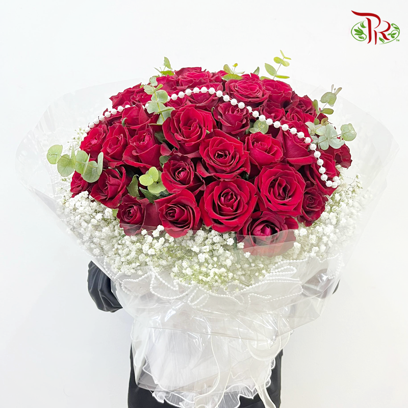 50 Roses With Beads In White Wrapping (M-L size)-Pudu Ria Florist-prflorist.com.my