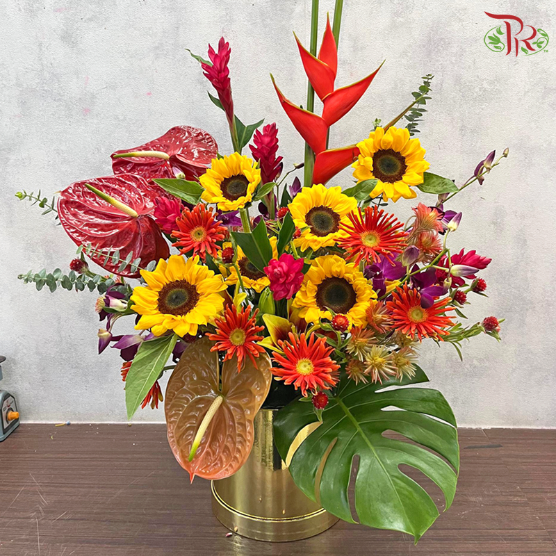 Scarlet Celebration - Sunflower With Anthurium & Crab Flowers Opening Flower Box Arrangement (L Size)