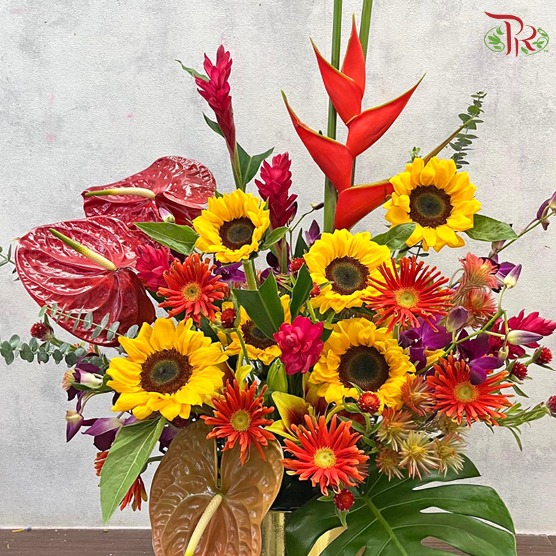 Scarlet Celebration - Sunflower With Anthurium & Crab Flowers Opening Flower Box Arrangement (L Size)