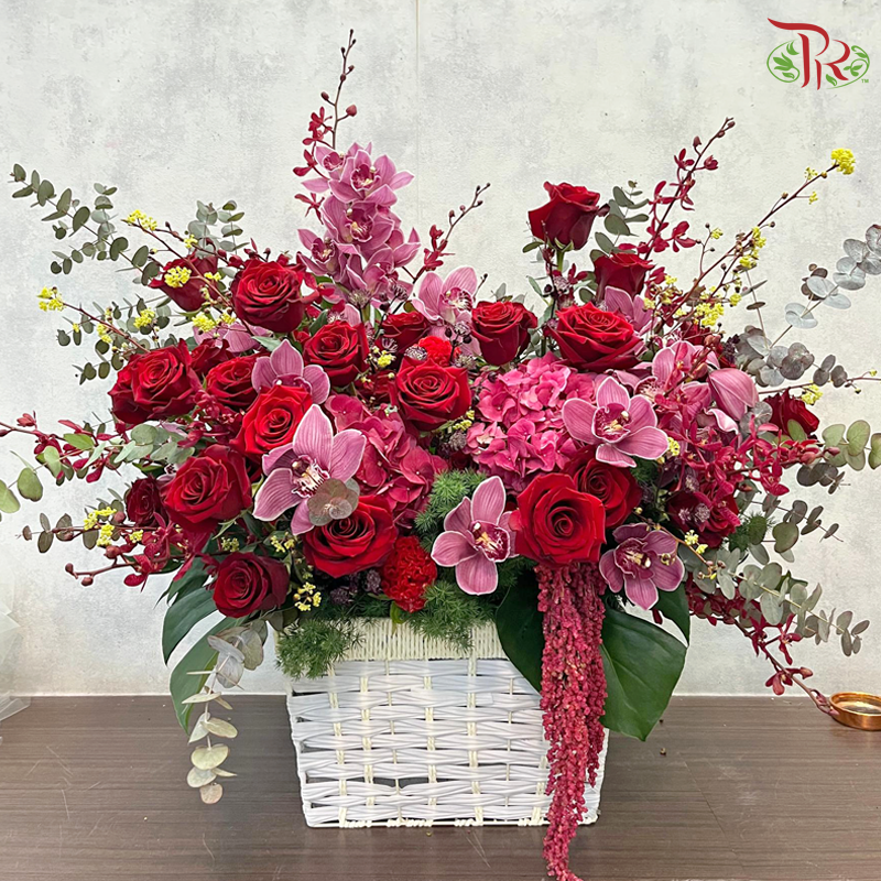 Crimson Kiss - Rose With Cymbidium Orchid Basket Arrangement (XL Size) (Pre-order 1 Day in advance)