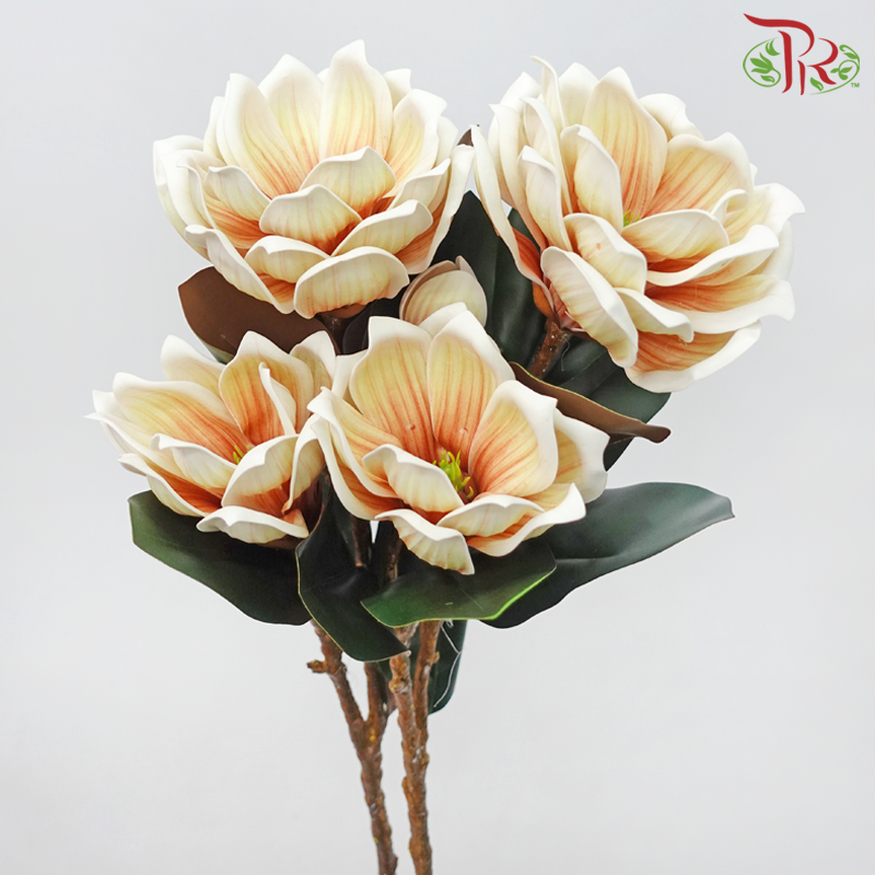 79cm - Artificial Magnolia Spray - Double White & Yellow Tone With Orange Inner Line (2 Stems)-Double White & Yellow Tone With Orange Inner Line-Pudu Ria Florist-prflorist.com.my