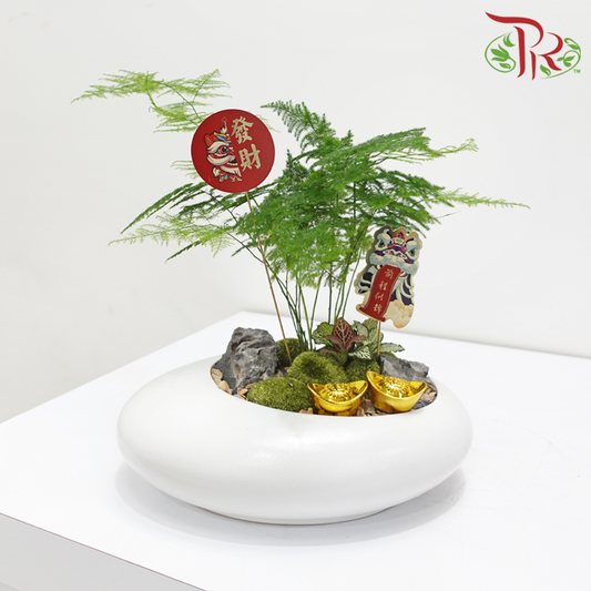 CNY Asparagus Arrangement in White Pot《蛇跃竹摇》 (Random Choose Design & CNY Ornaments)