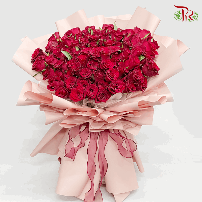 99 Roses Red Rose With One-Sided Pink Wrapping-Hand Bouquet (XL size)-Pudu Ria Florist-prflorist.com.my