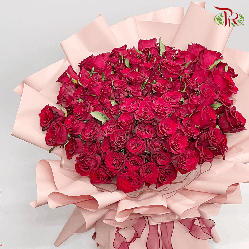 99 Roses Red Rose With One-Sided Pink Wrapping-Hand Bouquet (XL size)-Pudu Ria Florist-prflorist.com.my