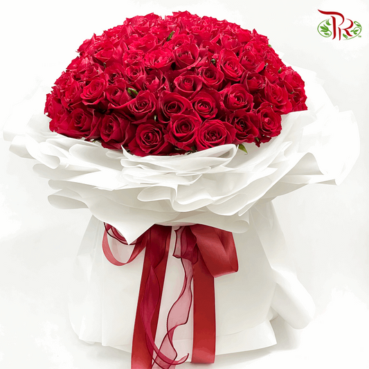 99 Stems Red Roses In Classic White Wrapping ( XL Hand Bouquet)-Pudu Ria Florist-prflorist.com.my