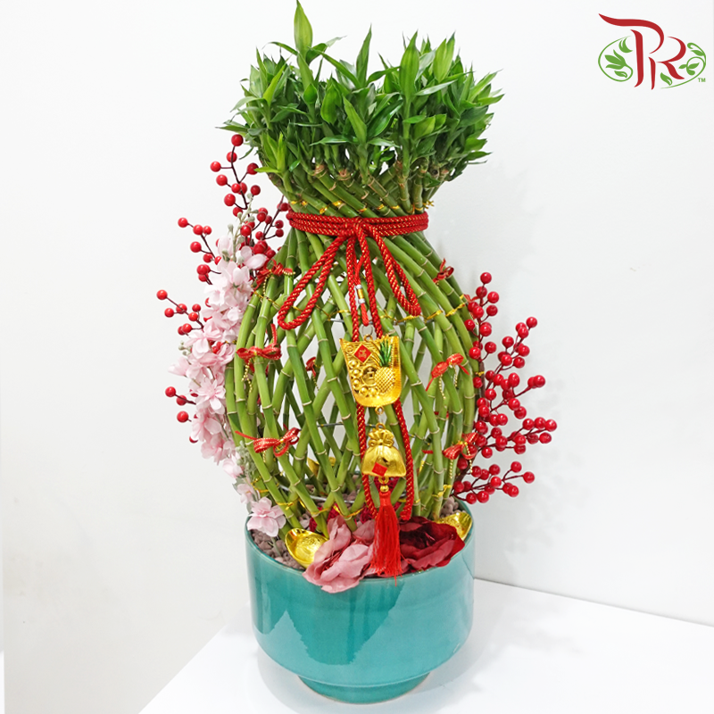 CNY Guci Bamboo Arrangement in Turquoise Colour Pot 《绿树成荫》(Random Choose Design & CNY Ornaments)