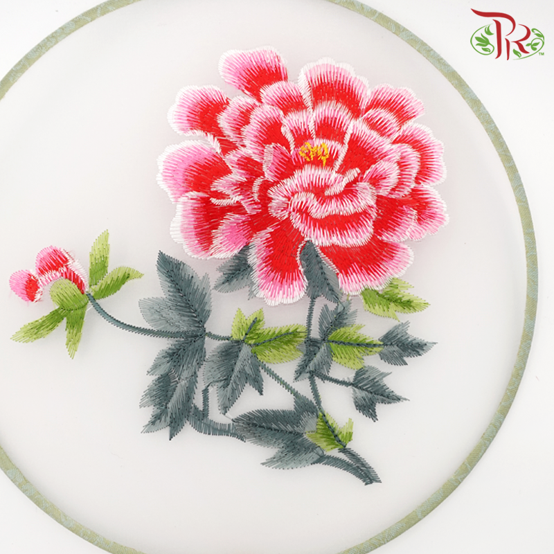 Embroided Hand Fan - Red Peony Flower (Per Unit)