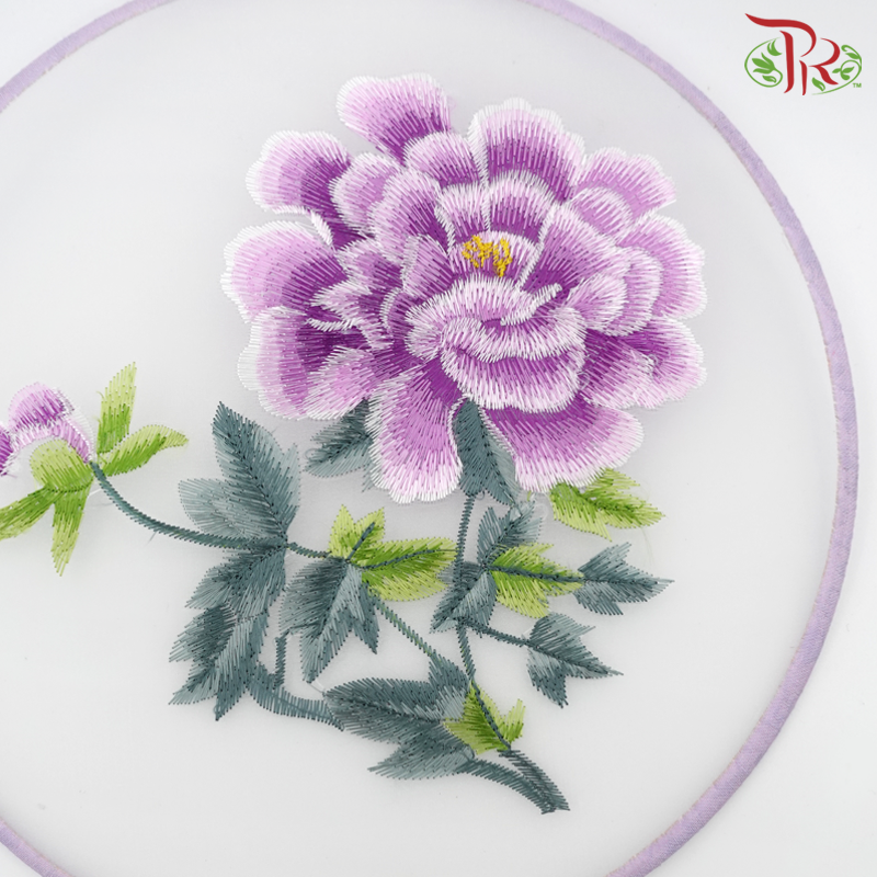 Embroided Hand Fan - Peony Flower Purple