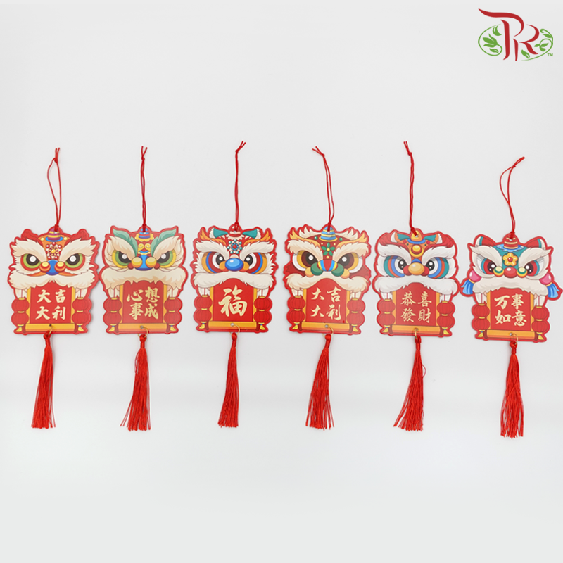 CNY Hanging Deco - Lion Dance Hard Card (6 Pieces Per Pack) (Randomly Selected Wishes Words)