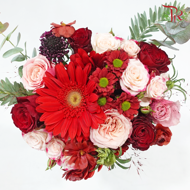 Signature Weekly Flower Bunch - Red Radiance (Gerbera, Rose Spray, Chrysanthemum Pom Pom & Eucalytpus) (Big Size)