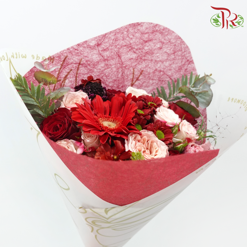 Signature Weekly Flower Bunch - Red Radiance (Gerbera, Rose Spray, Chrysanthemum Pom Pom & Eucalytpus) (Big Size)