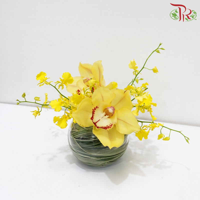 Summer Yellow (Cymbidium Arrangement in Round Fish Ball Vase)