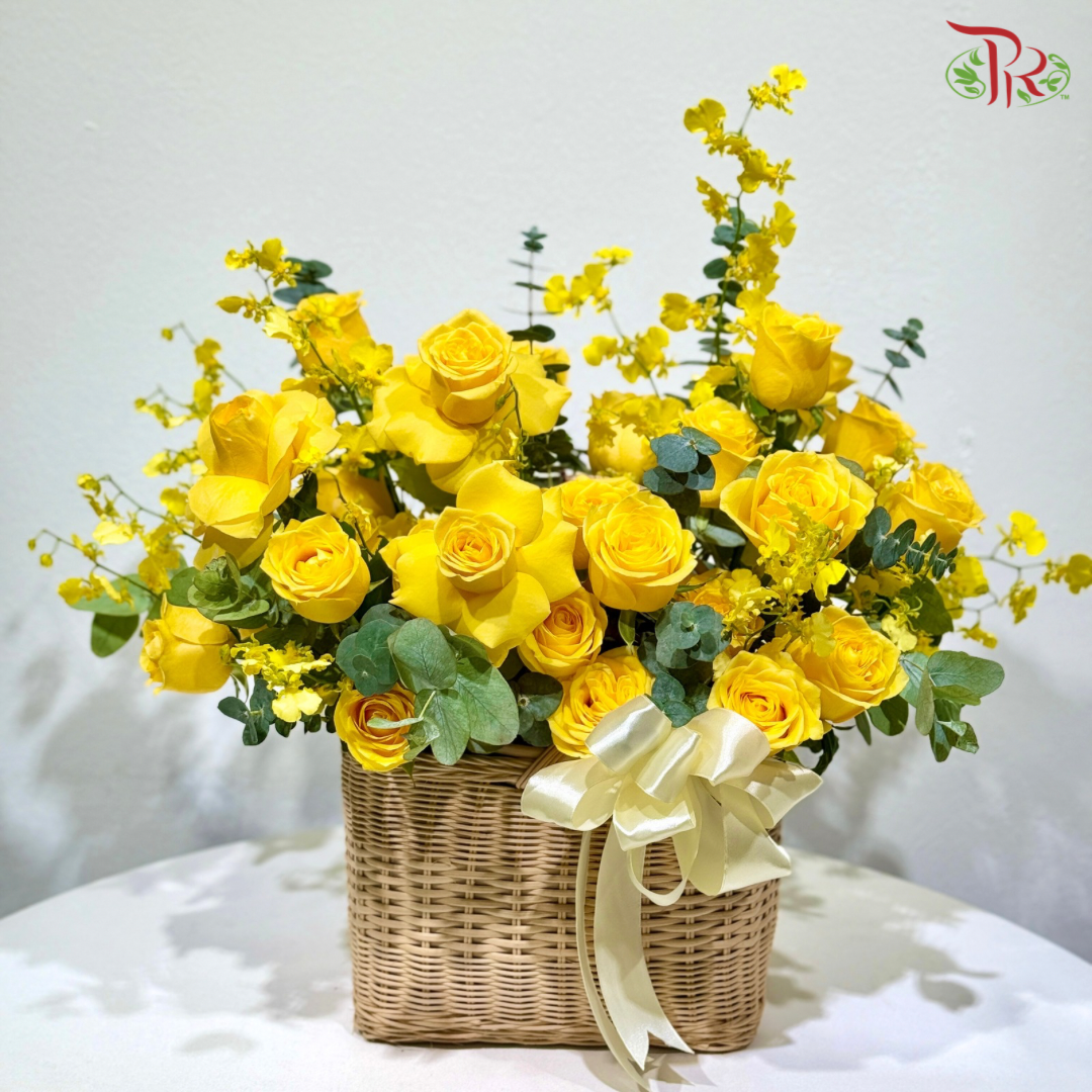 Sunlit Roses - Yellow Roses Basket Arrangement (M-L Size)