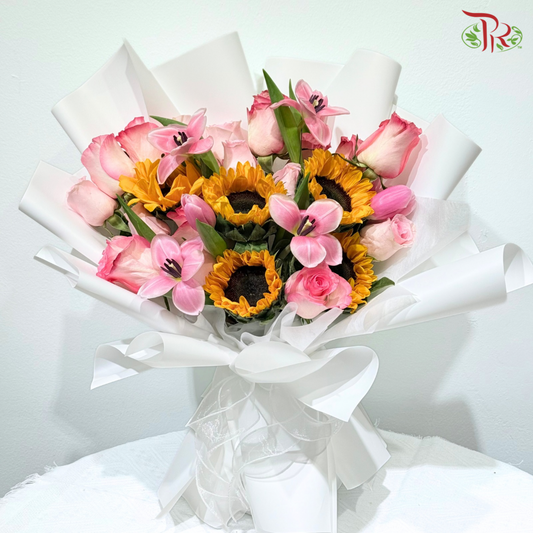 Pink Rose & Sunflower Harmony Hand Bouquet (M-L size)