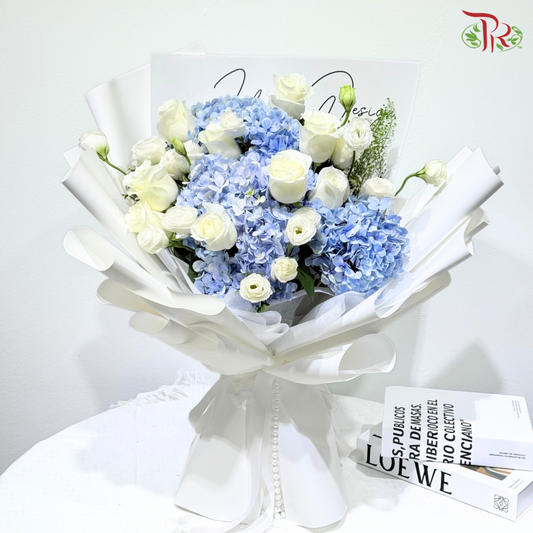 Whispers of White Rose & Blue Hydrangea Hand Bouquet (M-L size)