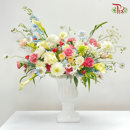White Antique Pot Arrangement With Elegance Flowers (XL) - Pudu Ria Florist
