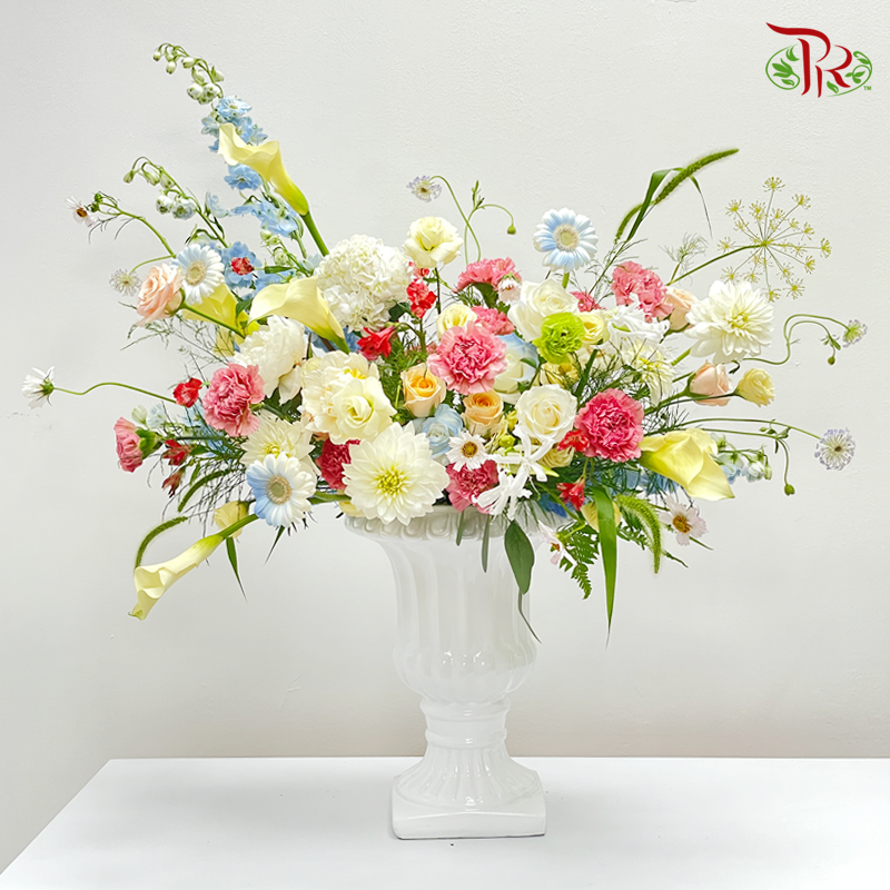 White Antique Pot Arrangement With Elegance Flowers (XL) - Pudu Ria Florist