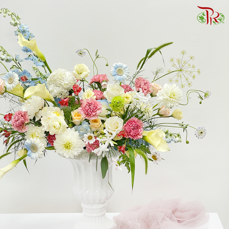 White Antique Pot Arrangement With Elegance Flowers (XL) - Pudu Ria Florist