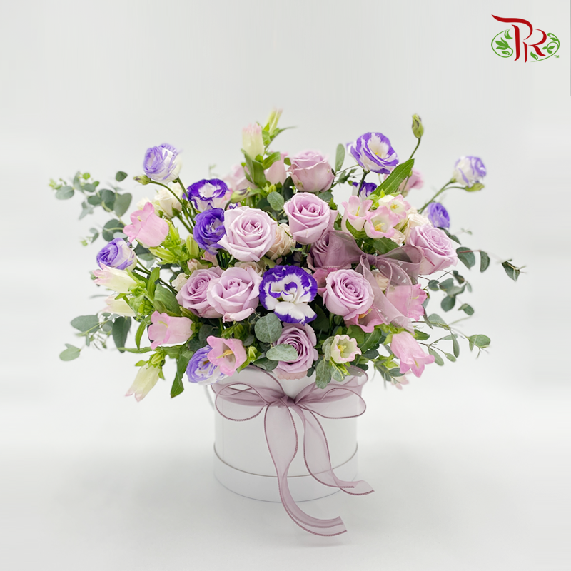 Purple Eustoma With Lilac Roses Box Arrangement (M size) - Pudu Ria Florist