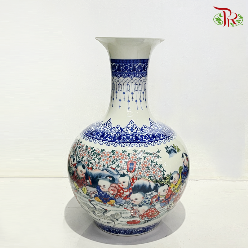 A150 Ceramic Jing De Vase (A150CJDV)-Blue-White With Mountain & Flower-Pudu Ria Florist-prflorist.com.my