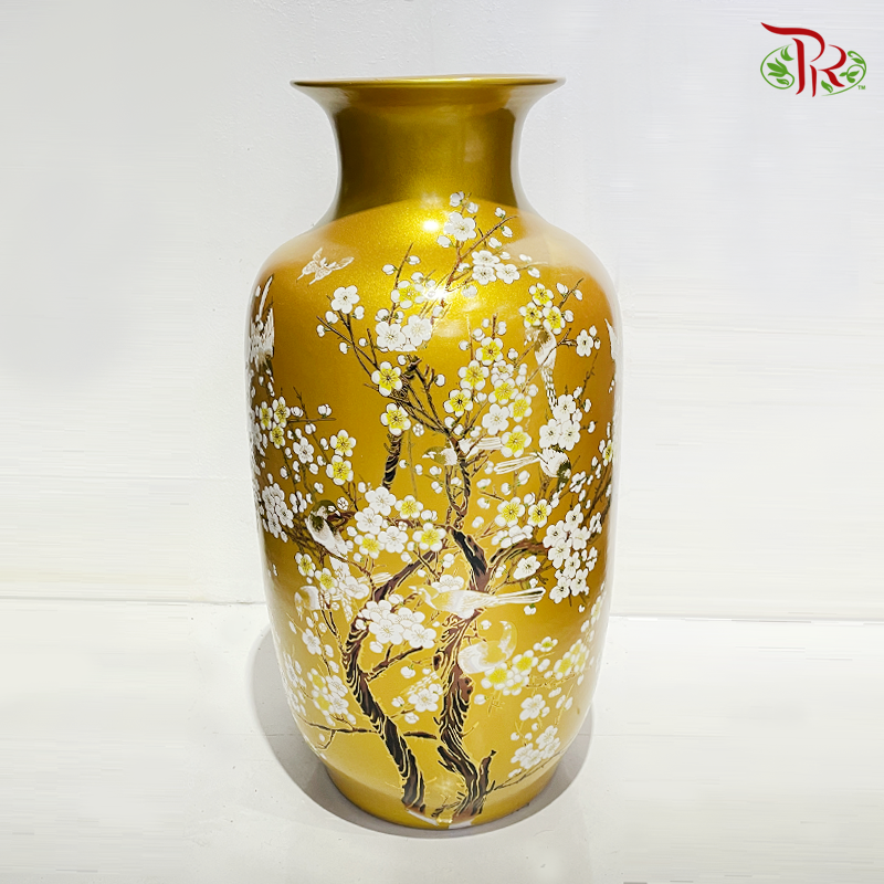 A150 Ceramic Jing De Vase (A150CJDV)-Gold With Cherry Blossom Flower & Birds-Pudu Ria Florist-prflorist.com.my