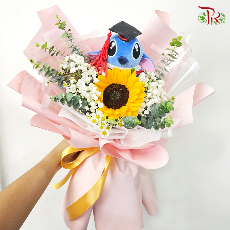 Economic Sunflower Bouquet (1 Stem) with Graduation Bear With Baby's Breath (S size)-Pudu Ria Florist-prflorist.com.my