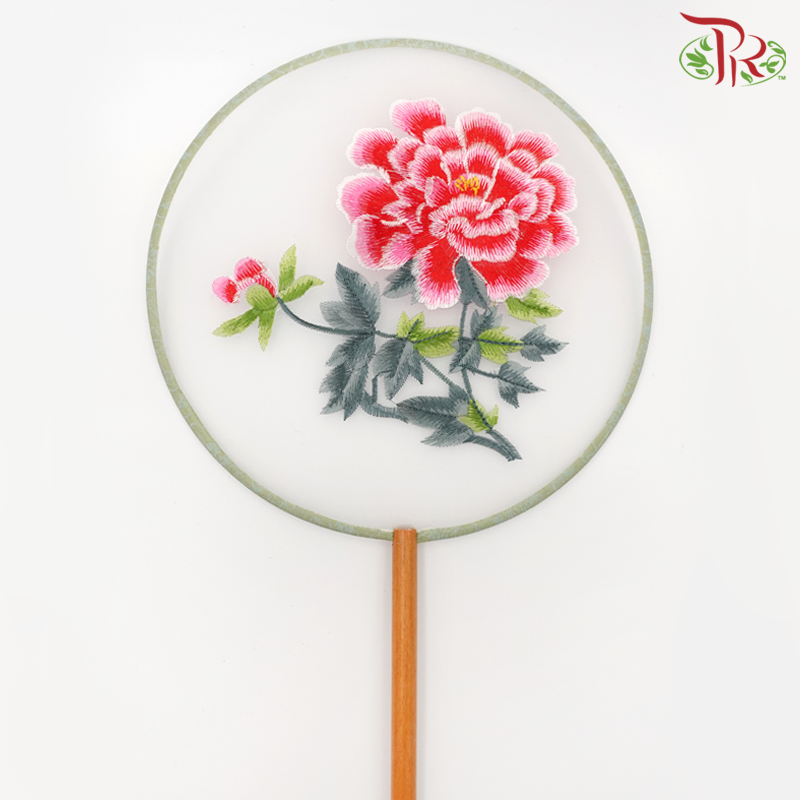 Embroided Hand Fan - Red Peony Flower (Per Unit)-Pudu Ria Florist-prflorist.com.my