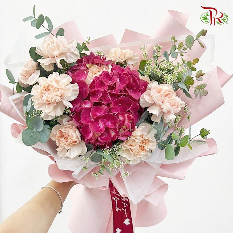 Fantastic Wish Hand Bouquet- Pink Hydrangea With Carnation (M size)-Pudu Ria Florist-prflorist.com.my