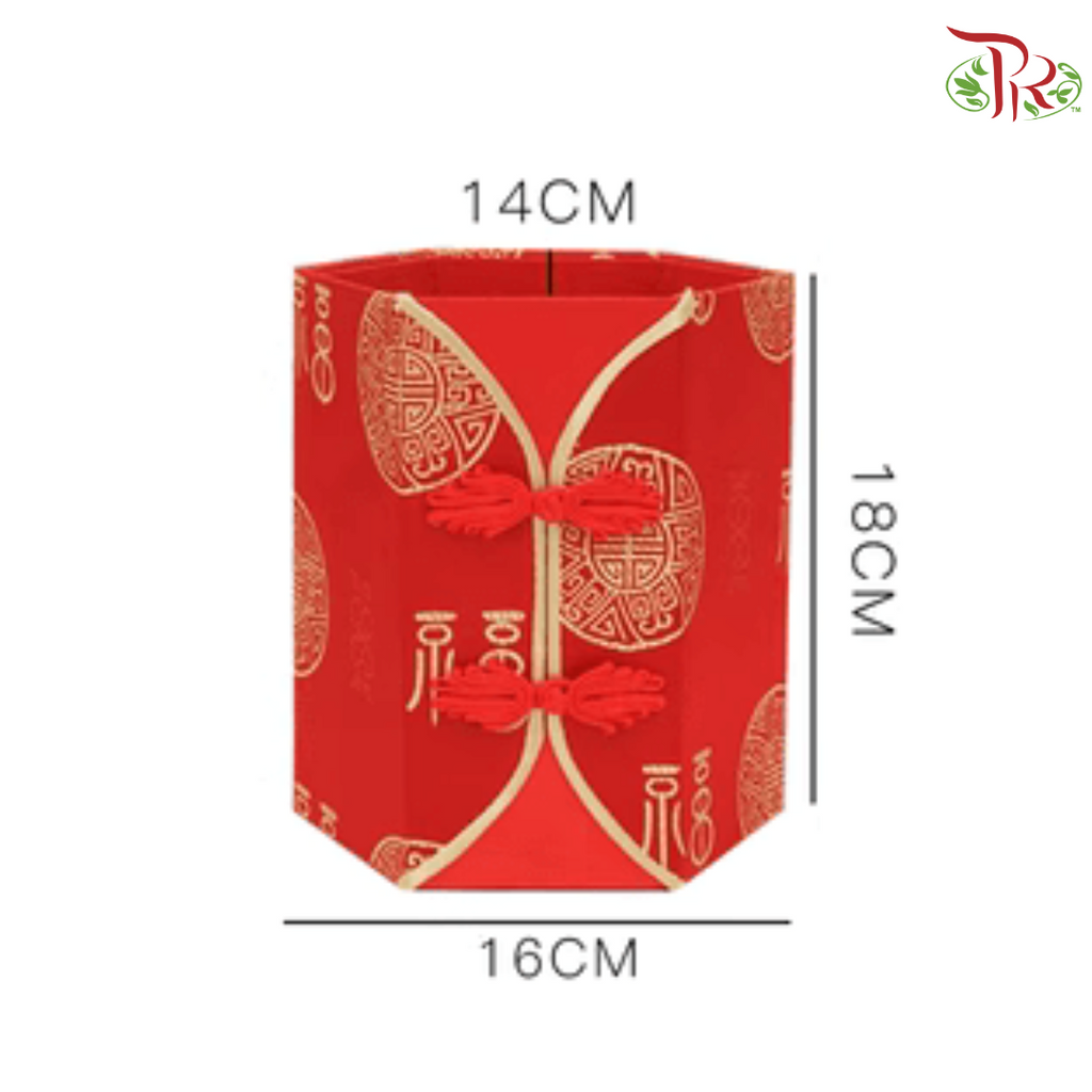 FB7-FB10 - CNY Double Button Hexagon Floral Box - Red (With Options) (WFL181CD)-FB9 - Fortune Word Design (Medium Size) (WFL181CD2)-Pudu Ria Florist-prflorist.com.my