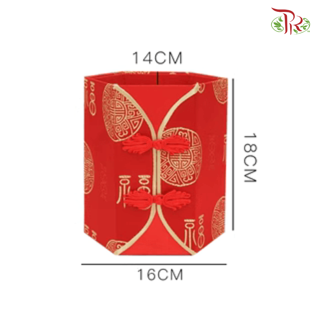 FB7-FB10 - CNY Double Button Hexagon Floral Box - Red (With Options) (WFL181CD)-FB9 - Fortune Word Design (Medium Size) (WFL181CD2)-Pudu Ria Florist-prflorist.com.my