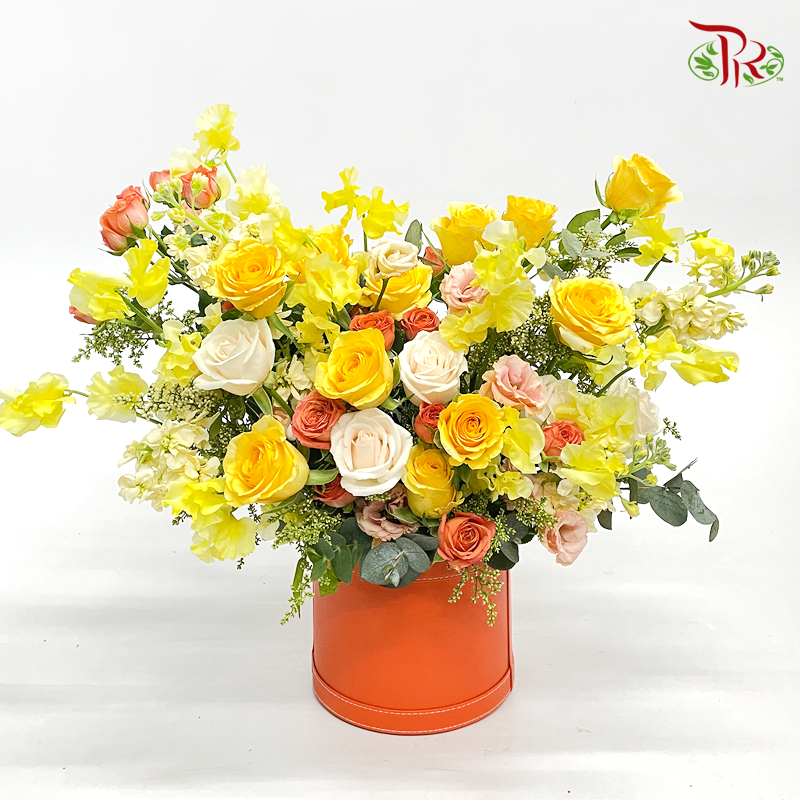 Flower Box Arrangement- Harmonious Tangerine & Yellow (L Size)-Pudu Ria Florist-prflorist.com.my