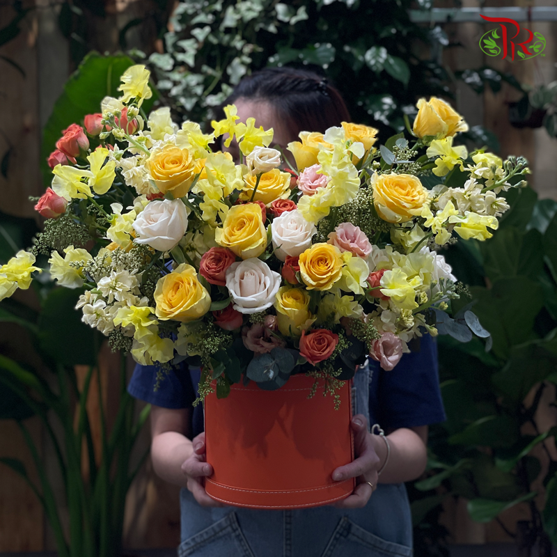 Flower Box Arrangement- Harmonious Tangerine & Yellow (L Size)-Pudu Ria Florist-prflorist.com.my