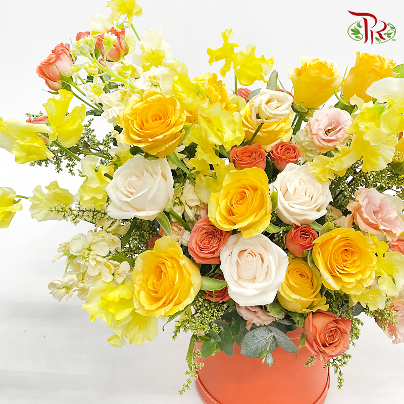 Flower Box Arrangement- Harmonious Tangerine & Yellow (L Size)-Pudu Ria Florist-prflorist.com.my