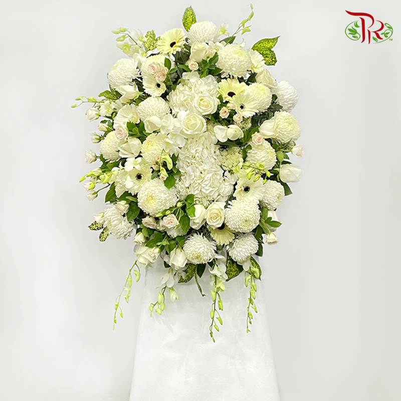 Full Round Wreath Condolence Stand In Cream White-Pudu Ria Florist-prflorist.com.my