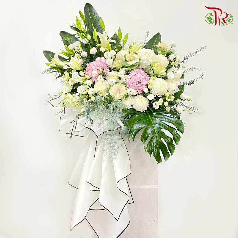 Funeral Flower Stand In Cream White & Pink-Pudu Ria Florist-prflorist.com.my