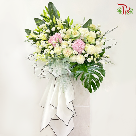 Funeral Flower Stand In Cream White & Pink-Pudu Ria Florist-prflorist.com.my