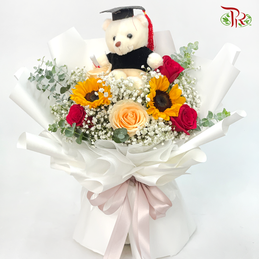 Graduation Hand Bouquet With Bear (M size)-Pudu Ria Florist-prflorist.com.my